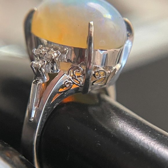 Genuine 7.2 CT Opal Stone + Diamonds White Platinum 900 Gold Ring US Sz 5.75 - Picture 7 of 14